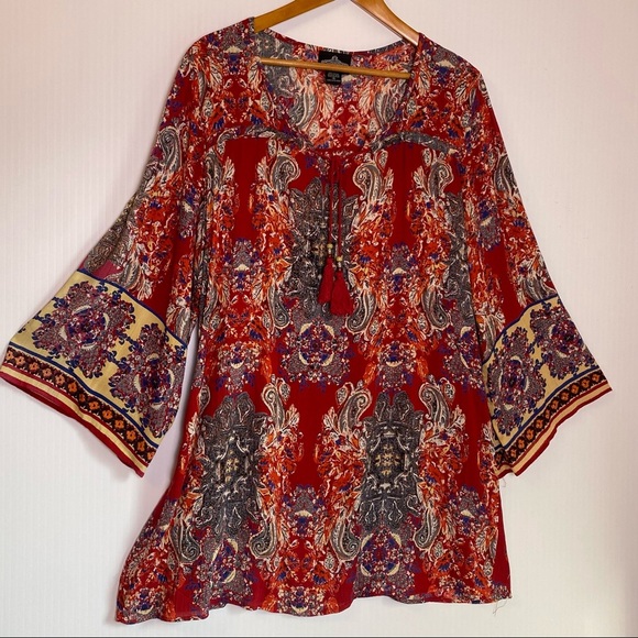 Boho Peasant Dress Red Blue Multi Color Paisley Print Tassel Tie Bell Sleeves Sm - Picture 1 of 4